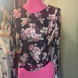 Listicle Black and Pink Floral Mesh Blouse
